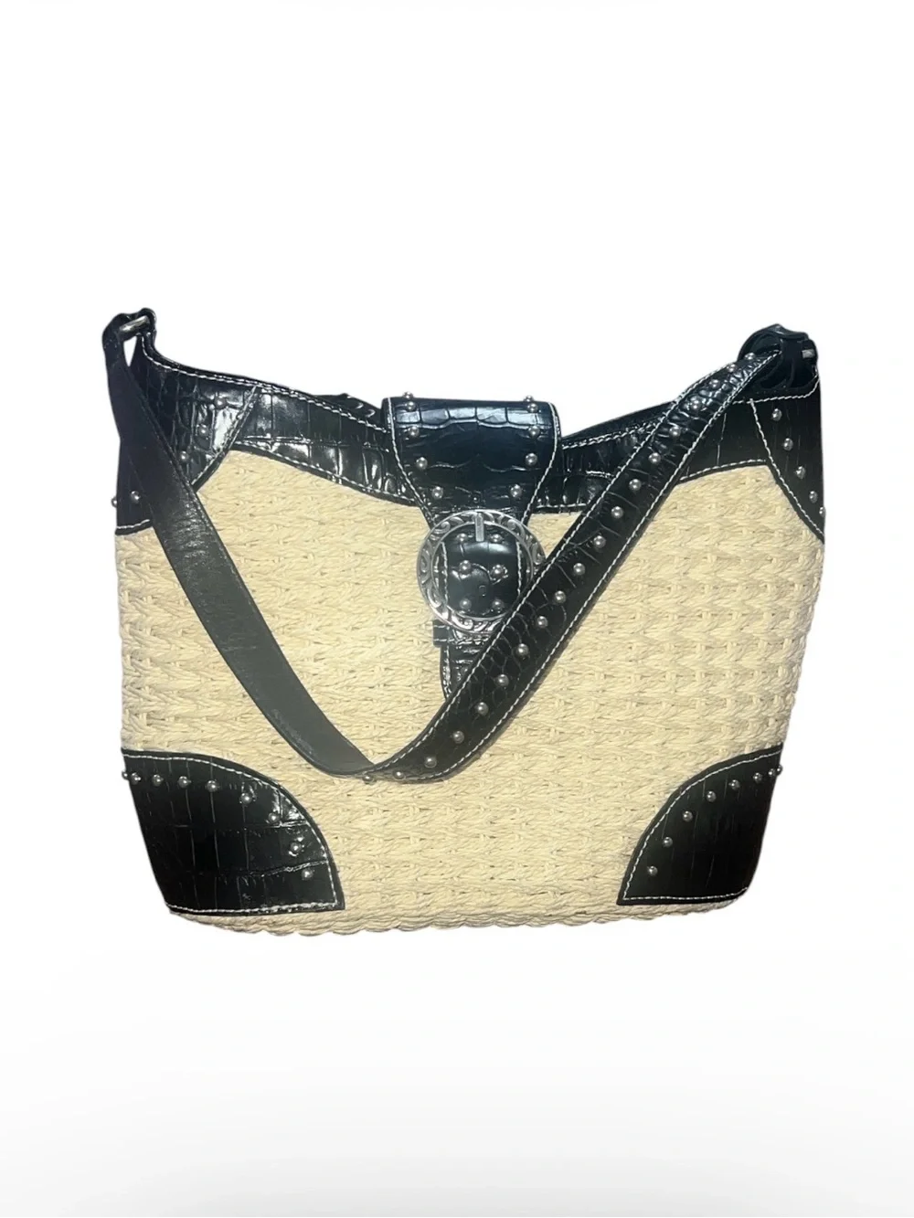 Brighton Cream Woven Tote with Black Croc-Trim and Heart Charm